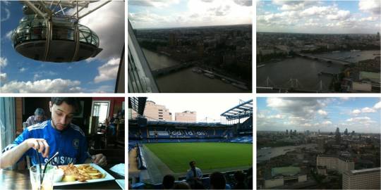 A capsula, do London Eye, Fish n' Chips, Londres do alto e o Stamford Bridge por dentro.